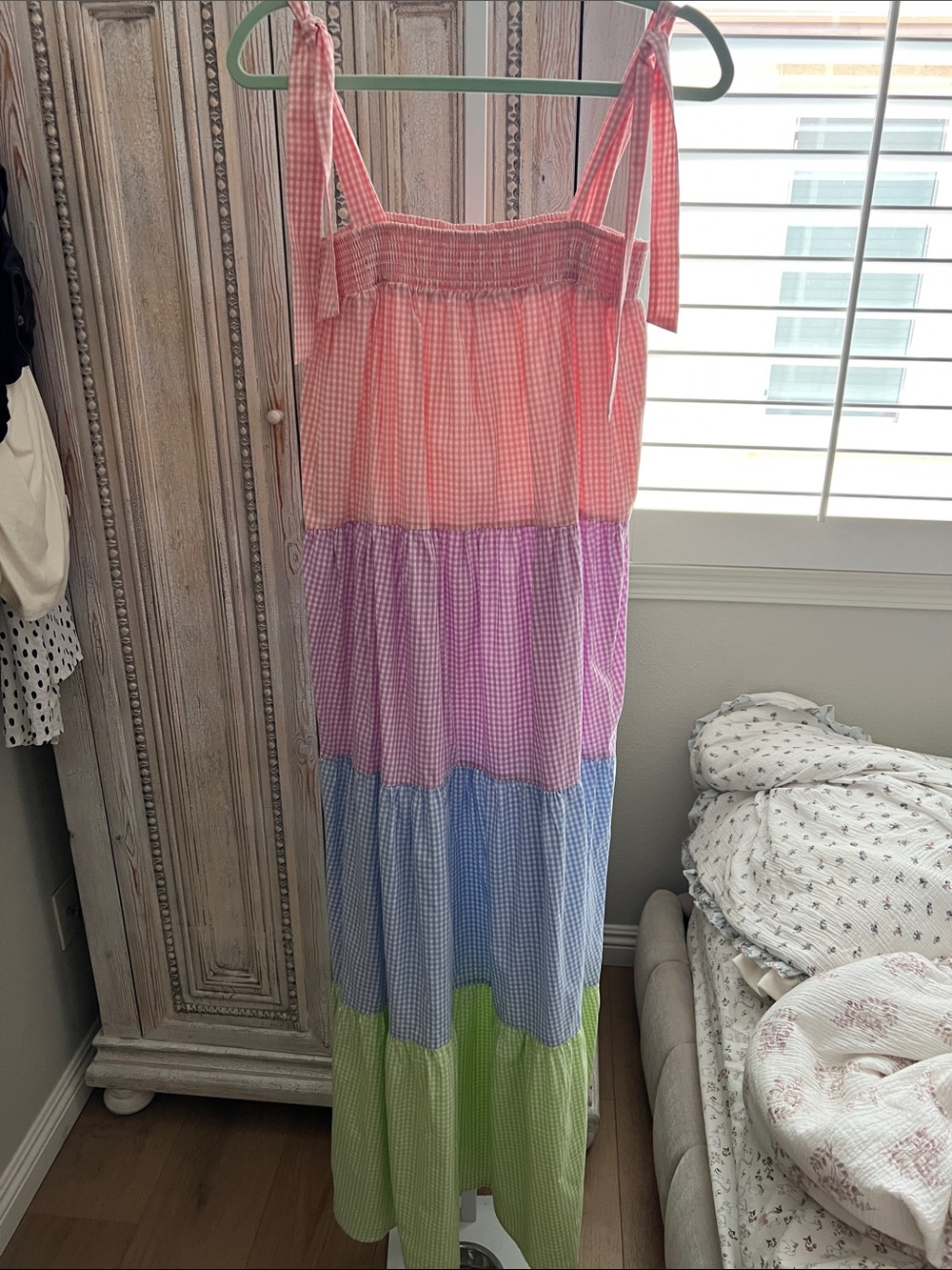 Main Strip Multi-Color Gingham Tiered Maxi Dress - Coral, Pink, Blue, Green